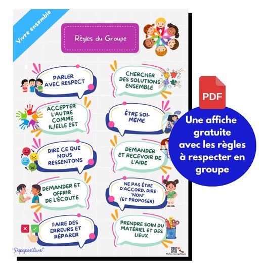 Comment se comporter en groupe ? voici quelques règles à expliquer et discuter avec les enfants : https://ecolepositive.fr/les-regles-du-groupe-telechargement-gratuit/