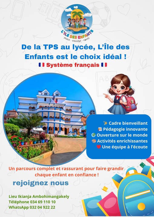 📣 Vous cherchez une école suivant le programme français🇲🇫🇲🇫 ?
Située à Ikianja, Ambohimangakely, notre école suit le système éducatif français et prépare vos enfants aux examens officiels français ...