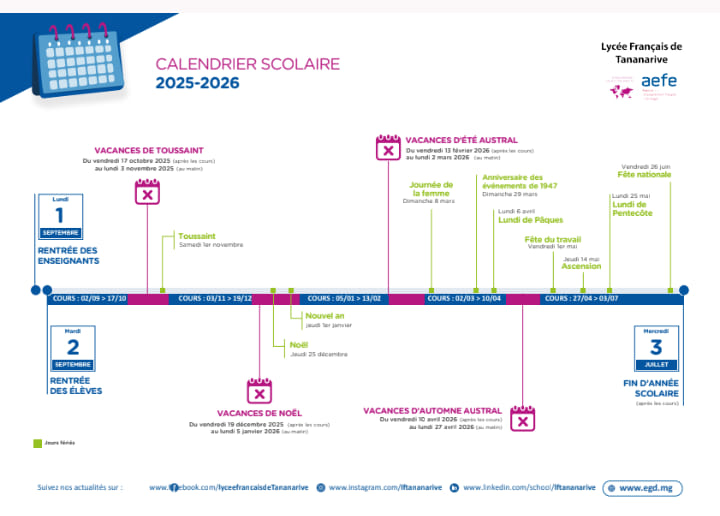 Calendrier scolaire 2025/2026 ☺️

👉 Réunion des parents : mercredi 20 Août 2025 à 9h

👉Rentrée des élèves : mardi 2 septembre 2025

✔️Vacances de Toussaint : du vendredi 17 octobre 2025 après les c...