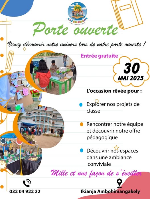 PORTES OUVERTES – École, Collège & Lycée L'île Des Enfants Madagascar 😊🤗

Vous cherchez une école qui suit le programme français et prépare vos enfants aux examens nationaux (DNB, Bac) ?
Venez nous...
