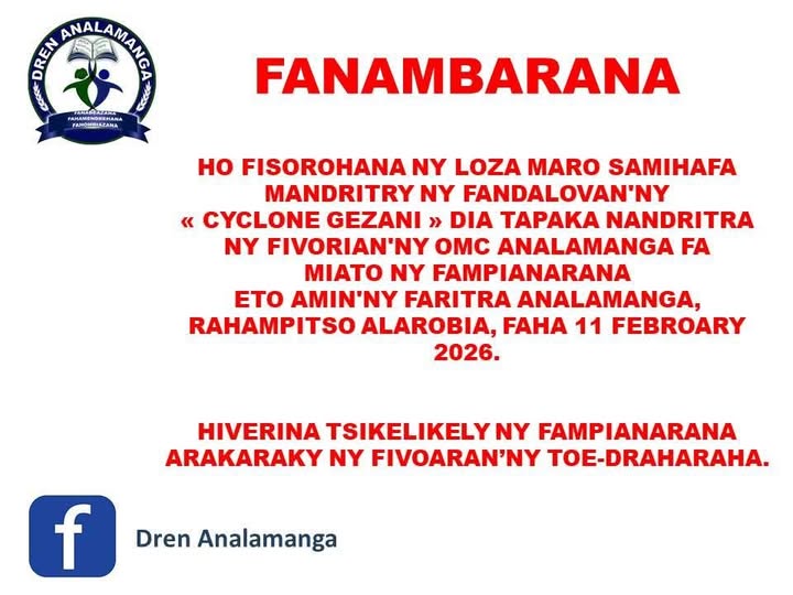 📢 ANNONCE IMPORTANTE  - ALERTE Cyclone  - INFORMATION AUX PARENTS

Chers parents,

Suite à la situation météorologique actuelle et conformément à l’annonce du DREN Analamanga, nous vous informons q...
