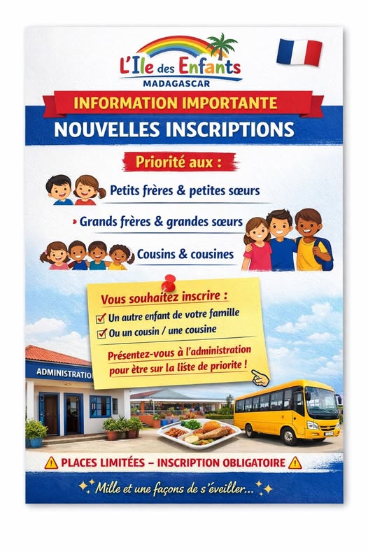 📢 INFORMATION IMPORTANTE – NOUVELLES INSCRIPTIONS

Dans le cadre des nouvelles inscriptions

👉 nous privilégions en priorité :
👧👦 les petits frères et petites sœurs,
👦👧 les grands frères et grandes...